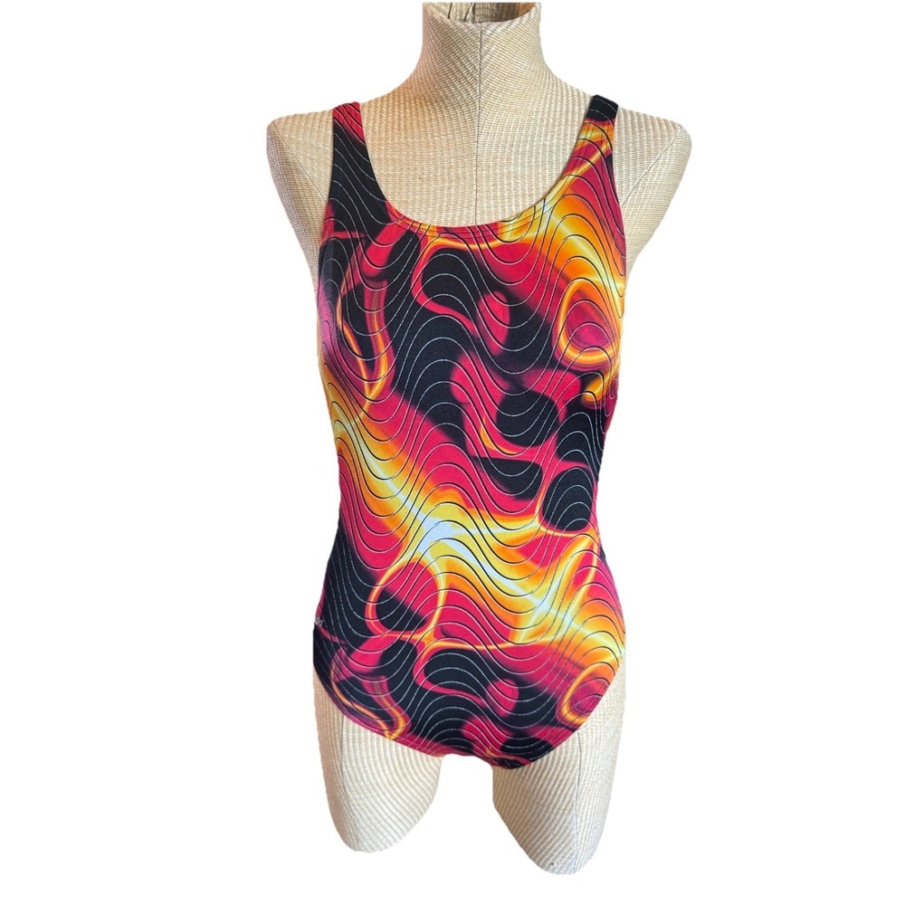 Y2K Speedo One Piece Swimsuit Red Yellow Black Swirl Criss Cross‎ Size 36 10